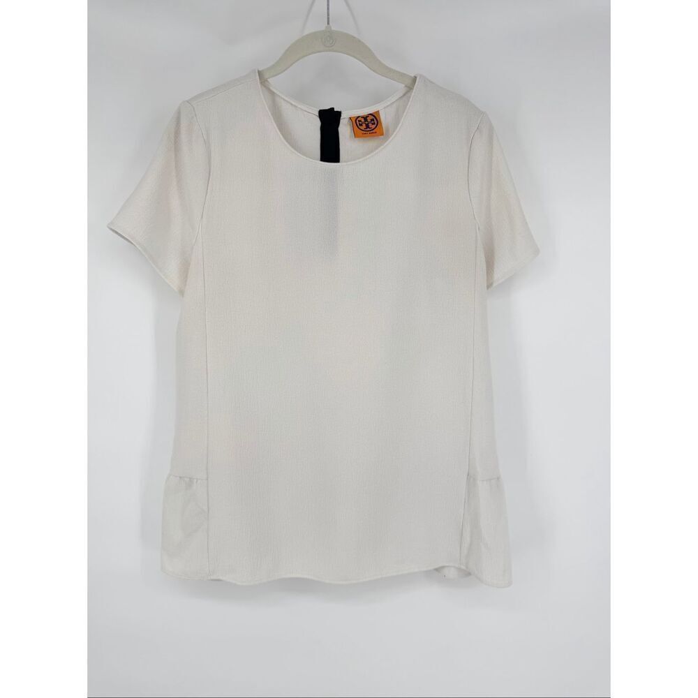 Tory Burch Ivory Back Ruffle Blouse Short Sleeve Textured Top Women Size Large *